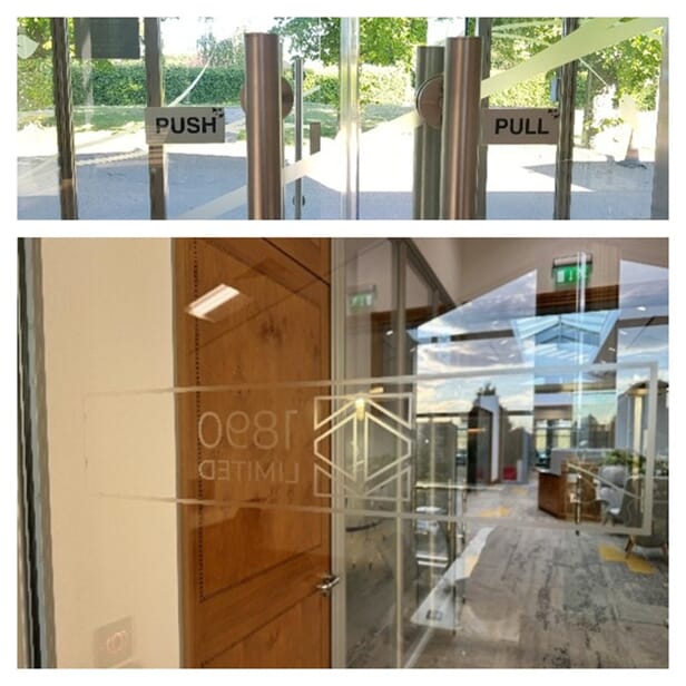 A collage of the window and door graphics by WorkWell Offices.